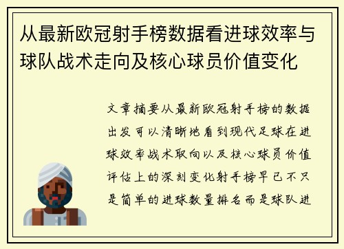 从最新欧冠射手榜数据看进球效率与球队战术走向及核心球员价值变化